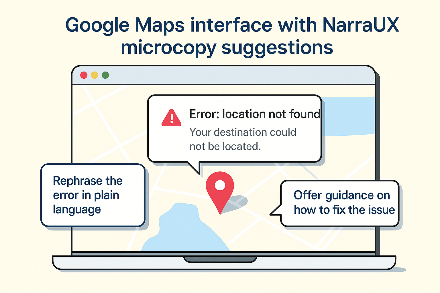 Google Maps interface with NarraUX microcopy suggestions