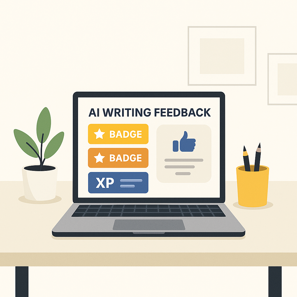 Illustration of AI-powered UX writing feedback on a laptop screen