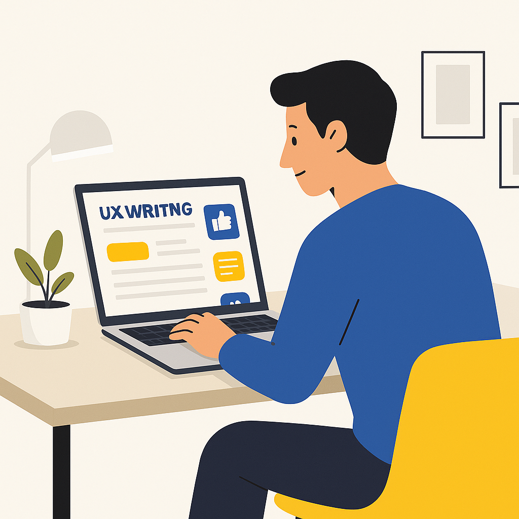 User at laptop engaging with AI UX writing interface